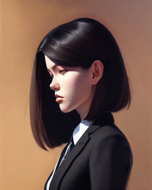 Image similar to a ultradetailed beautiful portrait panting of a stylish woman wearing a black loose fit suit with a tie, oil painting, by ilya kuvshinov, greg rutkowski and makoto shinkai, trending on artstation