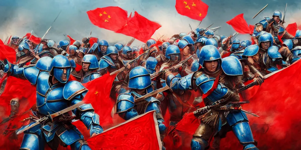 Image similar to mid action shot cinematic artwork of an army of warriors in blue armor fighting an ancient Chinese army wearing red armor and holding red flags on the battlefield by greg rutowski, masterpiece, 4k