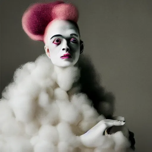 Image similar to portrait of a cute bride of frankenstein with soft pink and white cotton fluffy balls floating in image, fashion photography, highly detailed, digital photography by jheronimus bosch and james jean and james rutkowski