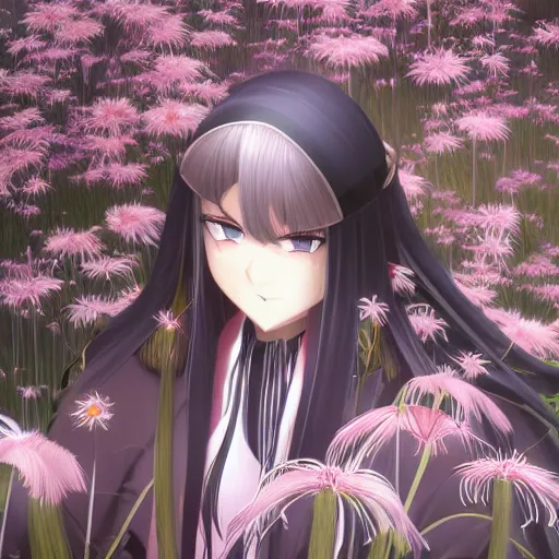 Image similar to portrait of odu nobukatsu burning in the field of spider lilies, anime fantasy illustration by tomoyuki yamasaki, kyoto studio, madhouse, ufotable, square enix, cinematic lighting, trending on artstation