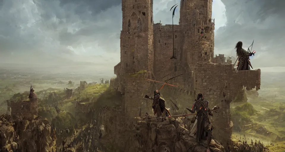 Image similar to john wick and Simon peck as medieval bowmen, standing on a gothic style castle wall, overlooking a bloody battlefield in the background, trending on artstation, artwork in style of peter mohrbacher, unreal engine, octane render, intricate details, 8k high definition, beauriful, ornate, hyperrealistic