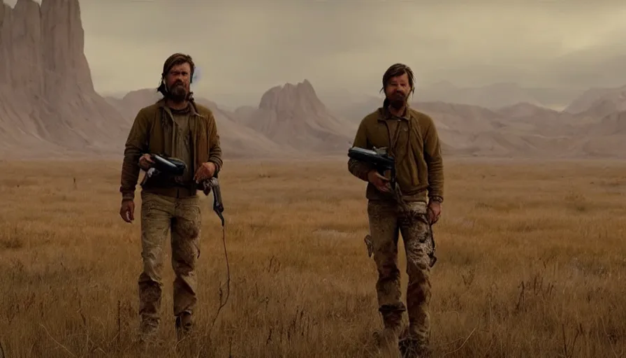 Image similar to lone survivor man holding a walkie!! in post - apocalyptic nature landscape. movie screenshot. lush composition by wes anderson, shallow depth of field, cinematic. cinematic composition