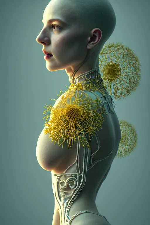 Image similar to intricate hyper detailed ultra sharp 3 d render of a beautiful porcelain cyberpunk women, unity of mood, large pore fungi embroidered, bright light, art nouveau, haute couture alexander mcqueen leaves stems dahlia transparent fractal dandelion yellow pistil filigree roots, octane render, volumetric cinematic lighting, 8 k post - production