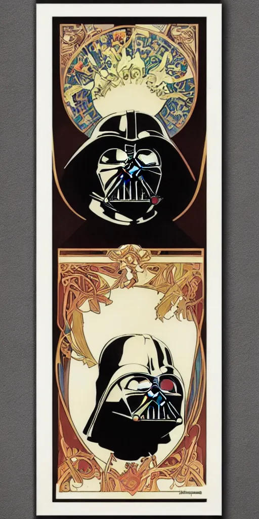 Prompt: Darth Vader helmet , elegant art nouveau poster by Alphonse Mucha