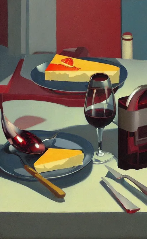 Image similar to beautiful still life featuring A knife tillamook cheese, and red wine, very coherent, painted by Edward Hopper, painted by James Gilleard, airbrush, art by JamesJean