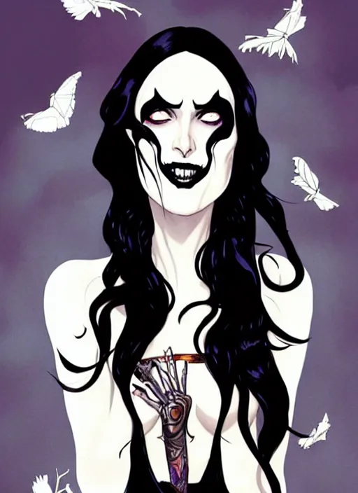 Prompt: Rafeal Albuquerque comic art, Joshua Middleton comic art, pretty female completely white skin, black paint swirl under left eye, Phoebe Tonkin as Death Neil Gaiman Sandman DC comics, fun smile, full body goth outfit, long wavy black hair:: sunny weather::