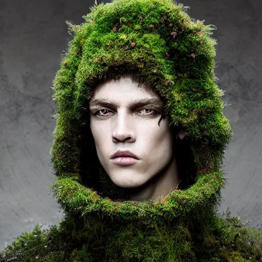 Prompt: a portrait of a beautiful young male wearing an alexander mcqueen armor made of moss , photographed by andrew thomas huang, artistic