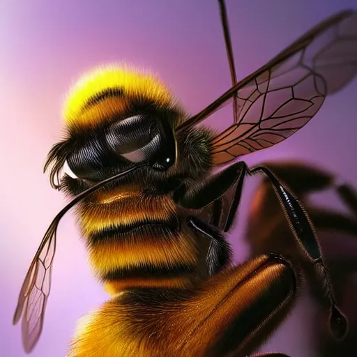 Image similar to Perfectly-centered portrait-photograph of a living bee-creature , lifelike, super highly detailed, professional digital painting, artstation, concept art, smooth, sharp focus, extreme illustration, Unreal Engine 5, Photorealism, HD quality, 8k resolution, cinema 4d, 3D, beautiful, cinematic, art by artgerm and greg rutkowski and alphonse mucha and loish and WLOP