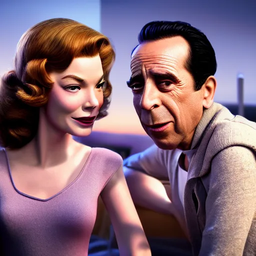 Image similar to humphrey bogart and lauren bacall, pixar style disney style. Octane render, studio lighting.