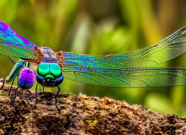 Prompt: super macro of an iridescent dragonfly drinking from a flower in the forest. fantasy magic style. highly detailed 8 k. intricate. nikon d 8 5 0 3 0 0 mm. award winning photography.