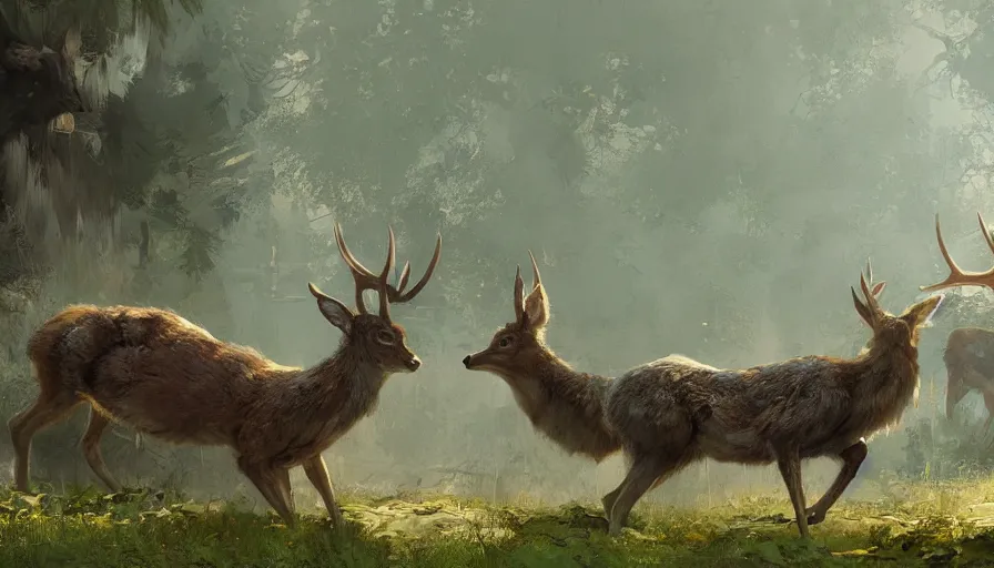 Prompt: craig mullins and ghibli digital illustration of 2 deers and camers a broken chinese temple unreal engine, hyper realism, realistic shading, cinematic composition, realistic render, octane render, detailed textures, photorealistic, wide shot