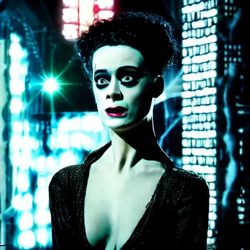 Prompt: cinematic portrait of bride of frankenstein as a replicant in a busy nightclub, frightened and angry, still from the movie ex machina, fashion photography, a neon sign is in the background