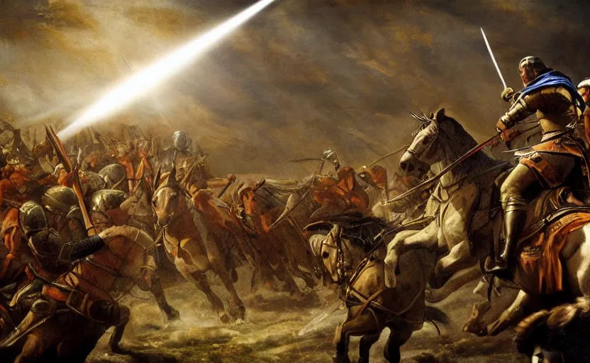 Image similar to dramatic cinematic artwork of a medieval commander leading a cavalry charge with his sword raised by greg rutowski, sun rays