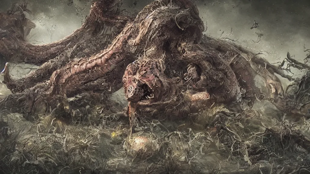 Image similar to screaming worm monster, maximalist, high detail, 8k, ornate, dark fantasy, realistic, masterpiece, complex, WLOP, film still from the movie directed by Denis Villeneuve with art direction