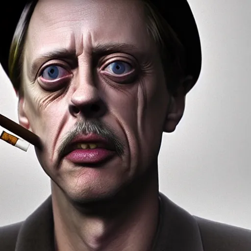 Prompt: hyperrealistic mixed media image of steve buscemi smoking a cigarette standing in front of a train, stunning 3 d render inspired art by xiang duan and thomas eakes, perfect facial symmetry, immaculate complexion, realistic, highly detailed attributes and atmosphere, dim volumetric cinematic lighting, 8 k octane detailed render, post - processing, masterpiece,