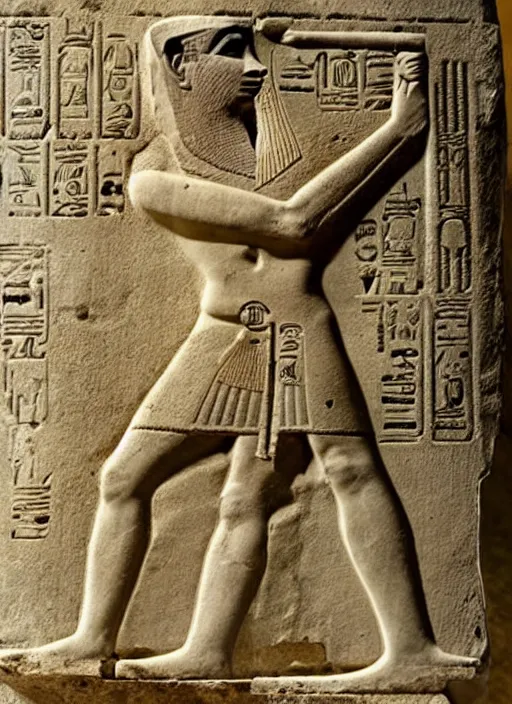 Image similar to a very very very worn out ancient egyptian relief of a man shooting a bolt action rifle, award winning photo