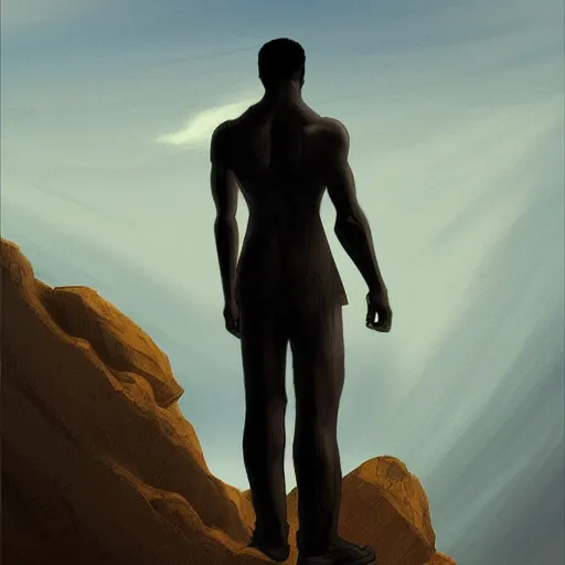 Image similar to dark-skinned man standing tall on a cliff in the style of CASPAR DAVID FRIEDRICH atmosphere artstation deviantart acrylic