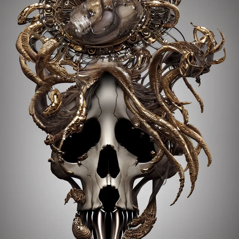 Image similar to goddess princess face close-up portrait ram skull. sculpture made of polished gold and matte obsidian. jellyfish phoenix head, nautilus, orchid, skull, betta fish, bioluminiscent creatures, intricate artwork by Tooth Wu and wlop and beeple. octane render, trending on artstation, greg rutkowski very coherent symmetrical artwork. cinematic, hyper realism, high detail, octane render, 8k