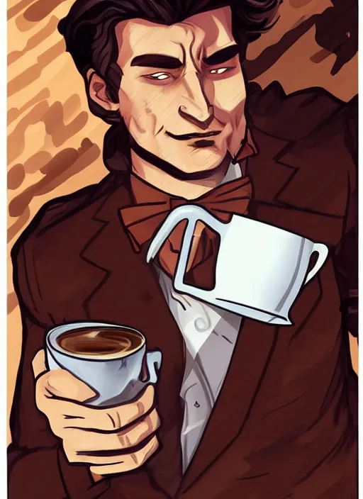 Prompt: coffee man - productivity super hero character, digital illustration of a male with a steaming mug of coffee for a head, wearing a tailored suit with the coat unbuttoned, trending on arstation by artgerm and mucha