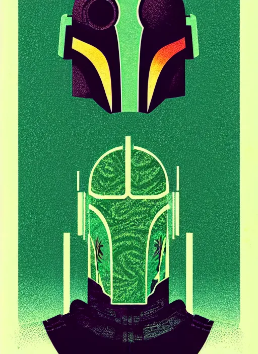 Prompt: ( ( dither ) ), cannabis editorial illustration portrait of mandalorian, modern art deco, colorful, ( ( mads berg ) ), christopher balaskas, victo ngai, rich grainy texture, detailed, dynamic composition, wide angle, moebius, matte print, linocut wood block print