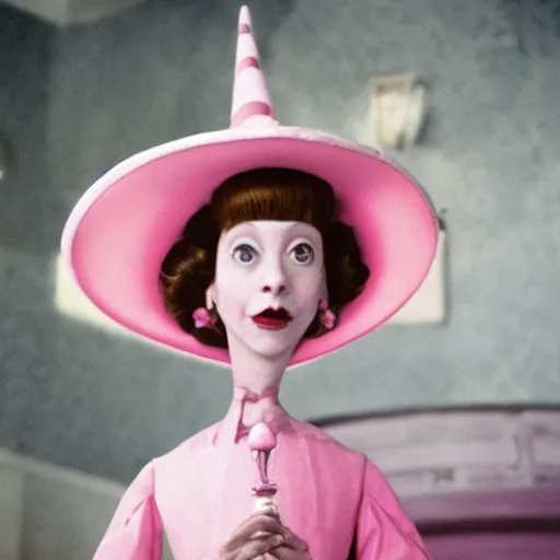 Image similar to an infallible princess wearing a pink dress and cone shaped hat, high resolution film still, live-action film by Tim Burton and Simon Langton