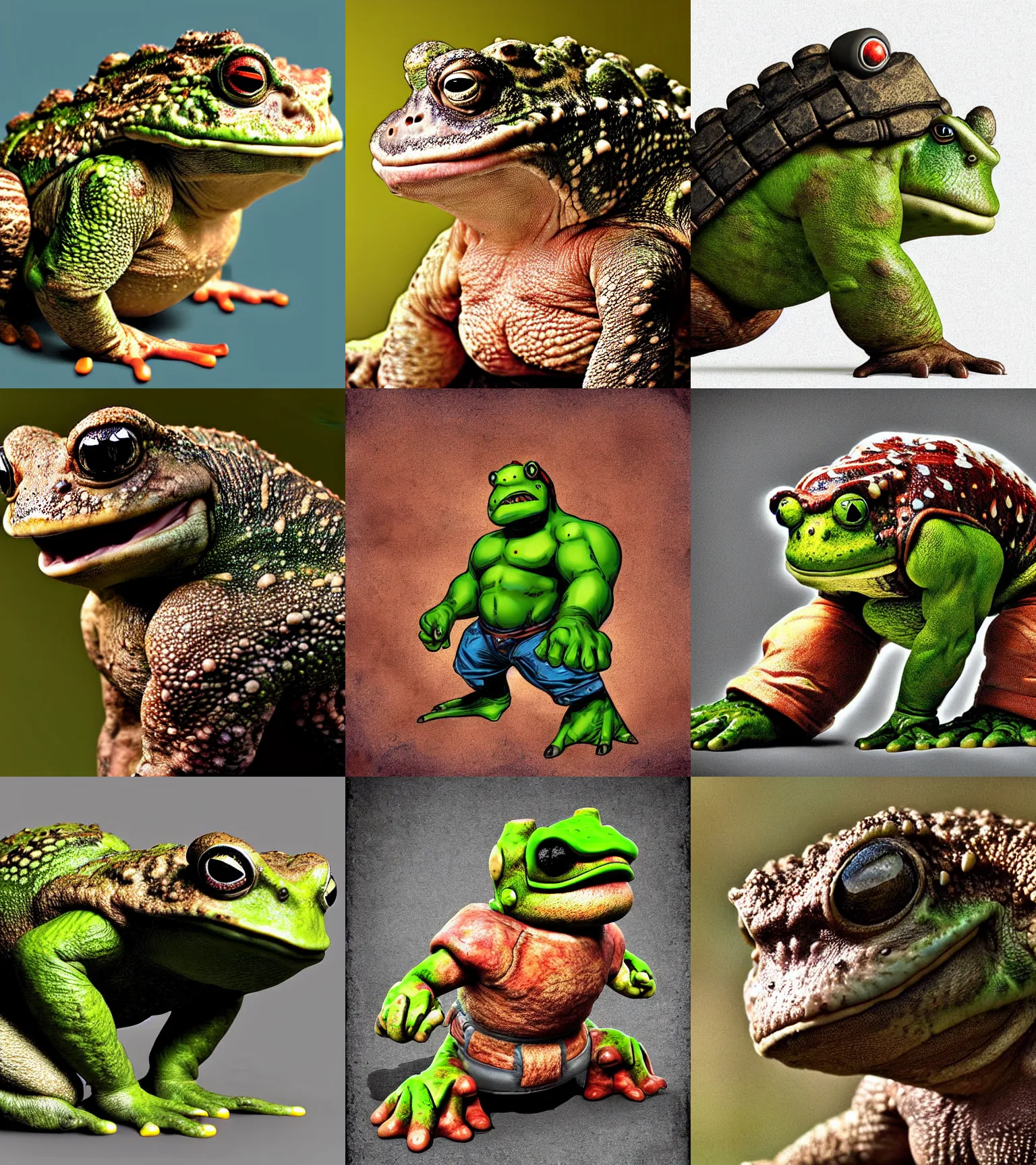 Prompt: toad animal!!! sideview full shot!! close up cyborg! rugged knight hulk toad animal superhero, by discovery channel, real photograph style