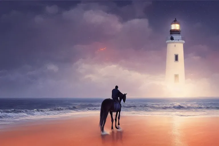 Image similar to photo of man riding a horse along the beach, glowing underwater waves toward a lighthouse in the distance guiding his way, silhouette, wide horizon, large white clouds, night, intricate, elegant, highly detailed, digital painting, artstation, concept art, smooth, sharp focus, illustration, art by artgerm and greg rutkowski and fra angelico