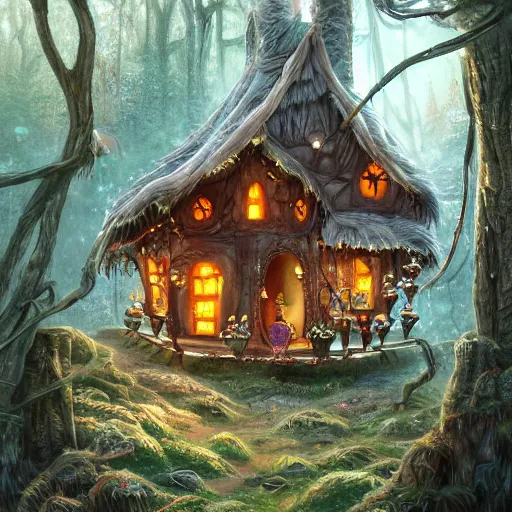 Image similar to a storybook illustration of a ramshackle multistory fairytale hut in the forest, intricate, elegant, on chicken legs, in forest, fantasy, highly detailed, digital painting, concept art, sharp focus, trending on artstation