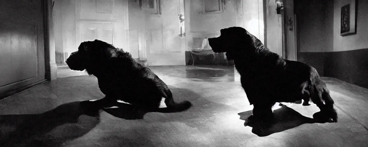 Prompt: A still frame from a noir movie in black and white featuring an old big black dog who is a private investigator, cinematic composition, dramatic lighting