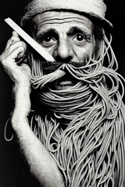 Image similar to extremely detailed portrait of old italian cook, spaghetti mustache, slurping spaghetti, spaghetti in the nostrils, spaghetti hair, spaghetti beard, huge surprised eyes, shocked expression, scarf made from spaghetti, full frame, award winning photo by george hurrell