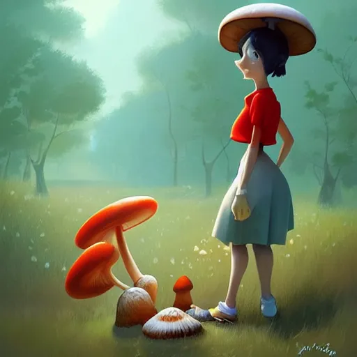 Prompt: goro fujita ilustration a cheerful girl collecting mushrooms in the forest, characterized by armstrong rolf, character art, focus, highly detailed, artstation