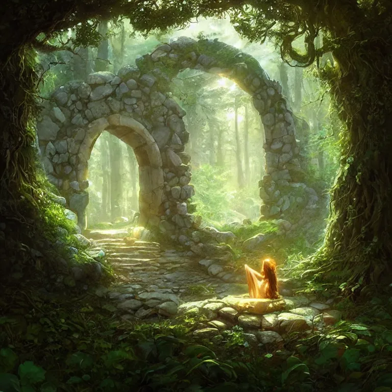 Image similar to Fantasy Magical fairy-tale stone portal in the forest. Round stone portal teleport in trees to other worlds. Fantastic landscape. Magic Altar in the fores, highly detailed, digital painting, artstation, concept art, smooth, sharp focus, illustration, art by greg rutkowski and alphonse mucha