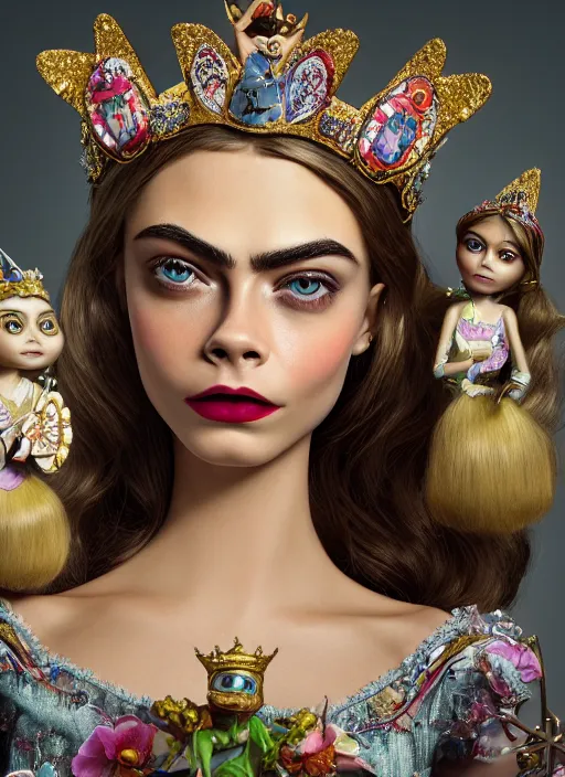 Image similar to closeup face profile portrait of a tin toy cara delevingne as a fairytale princess wearing a crown with tin bunnies, bikini, depth of field, zeiss lens, detailed, symmetrical, centered, fashion photoshoot, by nicoletta ceccoli, mark ryden, lostfish, breathtaking, 8 k resolution, extremely detailed, beautiful, establishing shot, artistic, hyperrealistic, octane render