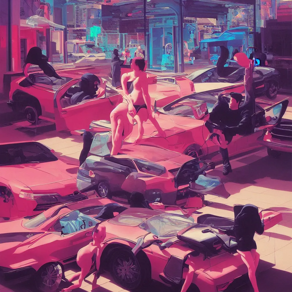 Prompt: weird and disturbing painting of todd solondz driving a car in the streets of tel aviv, vivid colors, neon, art by ( ( ( kuvshinov ilya ) ) ) and wayne barlowe and francis bacon and artgerm and wlop and william - adolphe bouguereau