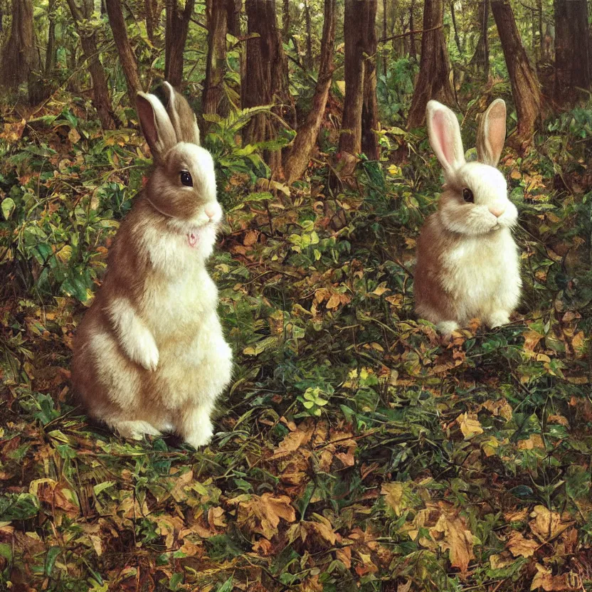 Image similar to a bunny made of mirrors in a forest. highly detailed painting by norman rockwell, rich colors, high contrast, gloomy atmosphere, dark background. trending on artstation