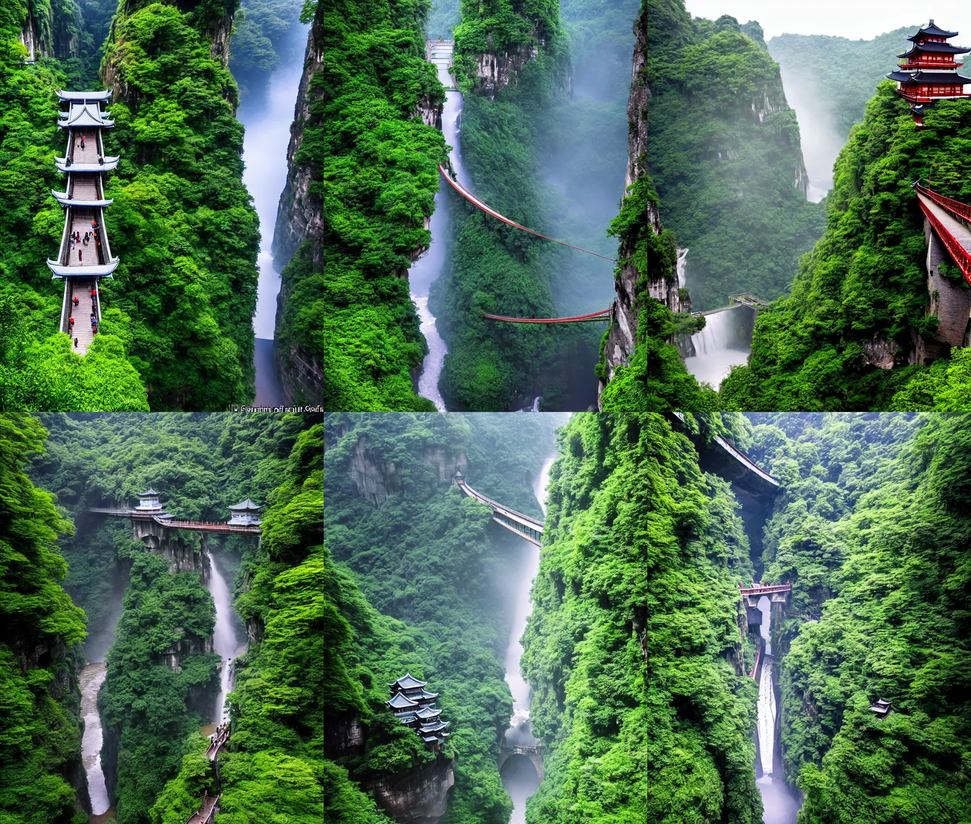 Prompt: establishing wide shot inside han son doong with waterfalls on either side of the cliff walls, an old suspension bridge spans the walls, at the top of the cliff is a japanese castle