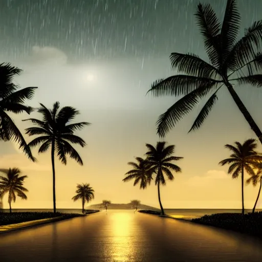 Image similar to dimly lit road at night after rain that leads to a small cozy beach surrounded by palm trees, shot from sky, desaturated, photorealistic, beautiful, sharp, highly detailed, artstation, pixvy