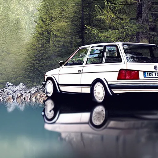 Image similar to a volkswagen jetta mk 2 by a lakeside forest, hyper realistic