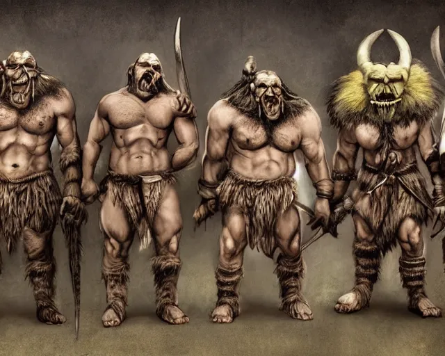 Image similar to group vintage photograph of a real fantasy warrior orc tribe, tall, muscular, sharp fangs and tusks, armored, tribal paint, highly detailed, hd, hq