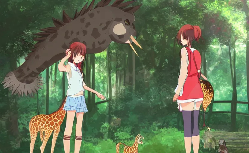 Image similar to anime girl spending her day at the zoo, feeding a giraffe, a Studio Ghibli style scene, digital art, 4k