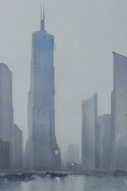 Prompt: A watercolor depicting an empty Shanghai Bund, gloomy weather, high contrast, smooth, by Joseph Zbikowicz, 8k