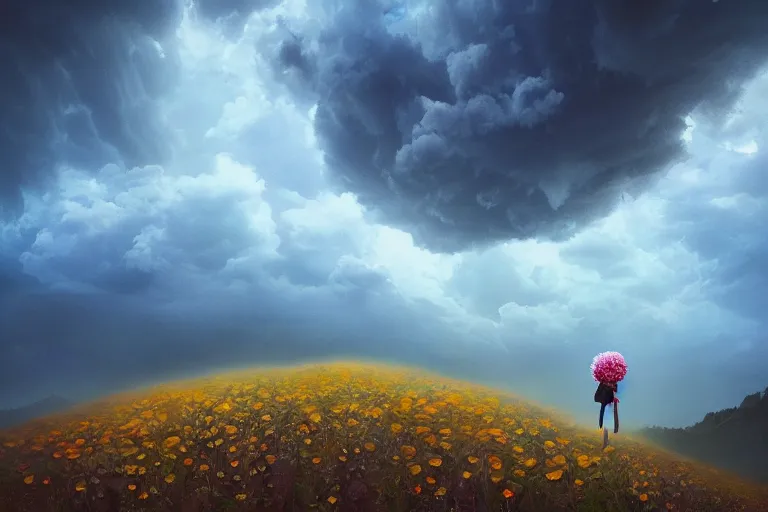 Image similar to closeup giant dahlia flower as head, girl standing on mountain, surreal photography, blue storm clouds, dramatic light, impressionist painting, digital painting, artstation, simon stalenhag