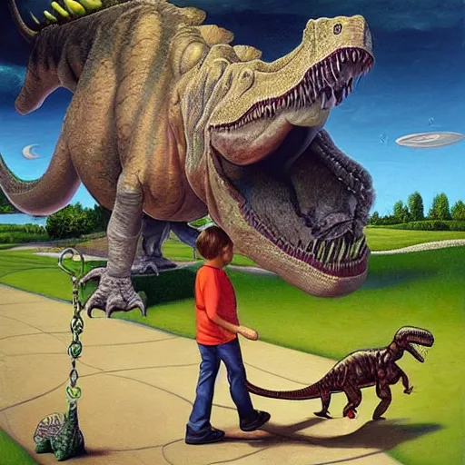 Prompt: dream a kid at the park walking a dinosaur with a leash, renaissance oil painting by George Lucas and Jarosław Jaśnikowski and Dan Mumford, hyperralistic, hyperdetailed