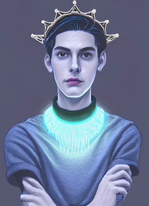 Image similar to portrait of teenage jughead jones wearing a light grey crown, crown, blue turtleneck, 1 9 5 0 s, closed eyes, photorealistic, black hair, glowing lighting, intricate, elegant, glowing lights, highly detailed, digital painting, artstation, concept art, smooth, sharp focus, illustration, art by wlop, mars ravelo and greg rutkowski