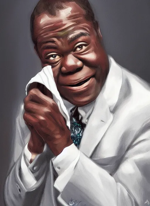 Prompt: a portrait of louis armstrong holding a white handkerchief, by anastasia pollard, dramatic lighting, highly detailed digital painting