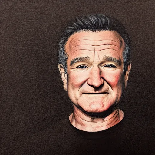 Image similar to portrait of a Robin Williams, staring at you, black background, curious eyes, by Anato Finnstark, Tom Bagshaw, Brom