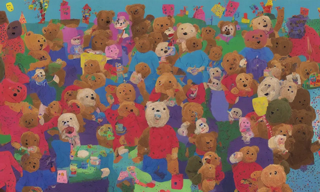Image similar to a teddy bear birthday party, from the terrifying and incomprehensible beyond, body horror, by david hockney, technicolor