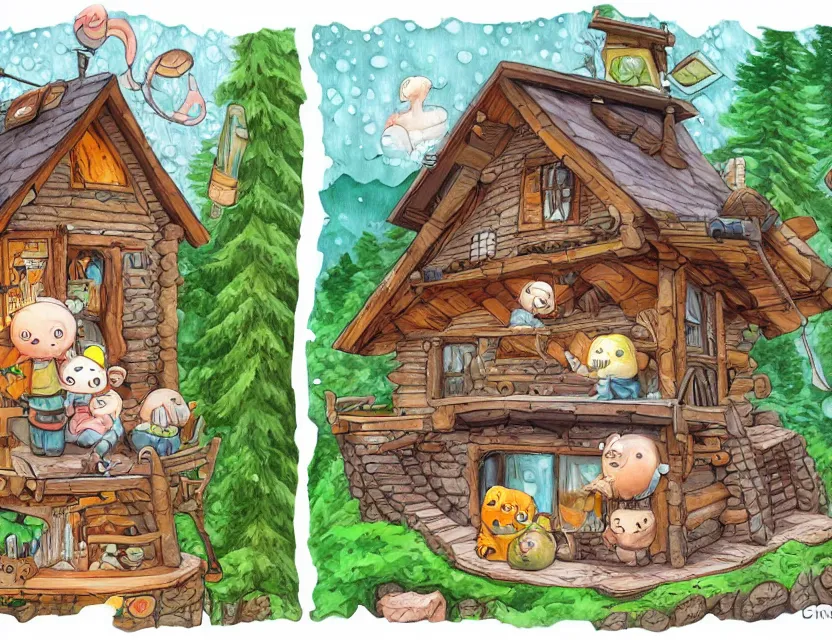 Image similar to cute and funny, a cozy cabin carved into a mountain, heavy rain, ratfink style by ed roth, centered award winning watercolor pen illustration, isometric illustration by chihiro iwasaki, edited by range murata, tiny details by artgerm and watercolor girl, sharply focused