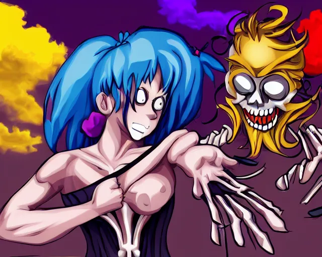 Prompt: anime clown girl warrior fighting a skeleton
