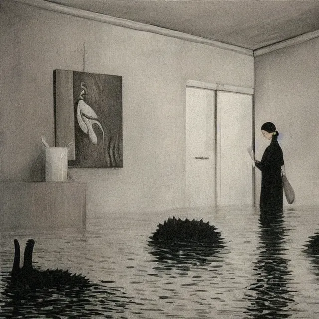 Image similar to tall female emo vegan socialist artist in their flooded apartment, painting of flood waters inside an artist's home, a river flooding indoors, pomegranates, pigs, ikebana, zen, water, octopus, river, rapids, waterfall, black swans, canoe, berries, acrylic on canvas, surrealist, by magritte and monet